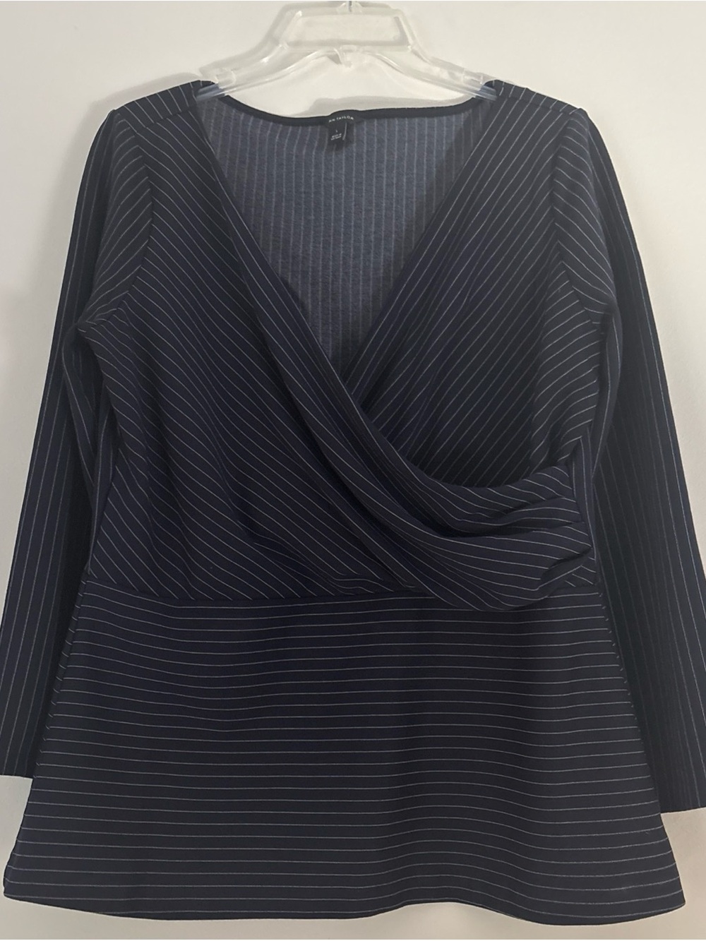 Ann Taylor Navy Pinstripe Wrap-Style Long Sleeve Top